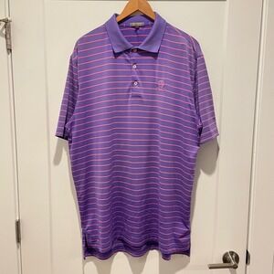 Peter Millar Summer Comfort Men XL Purple Pink Strip Polo Shirt Adios Golf Logo